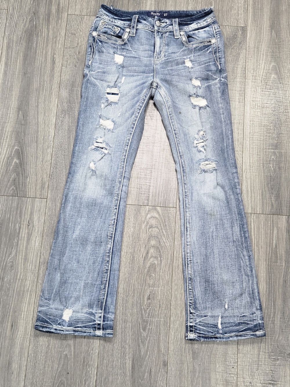 Miss Me E3876BR Distressed Rhinestone Mid Rise Bootcut Jeans Size 27 Y2K.